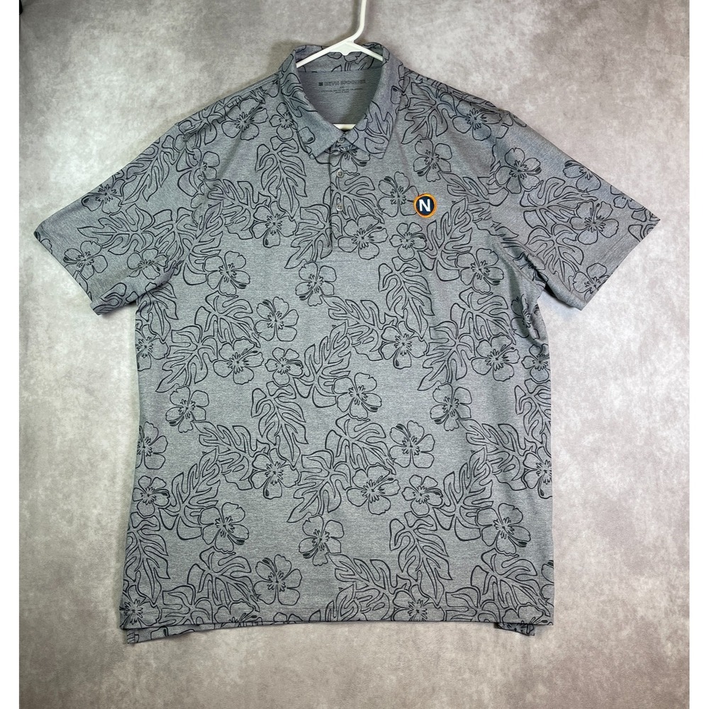 Reyn Spooner Polo Shirt Mens 2XL Hawaiian Gray Short Sleeve Floral AOP Golf